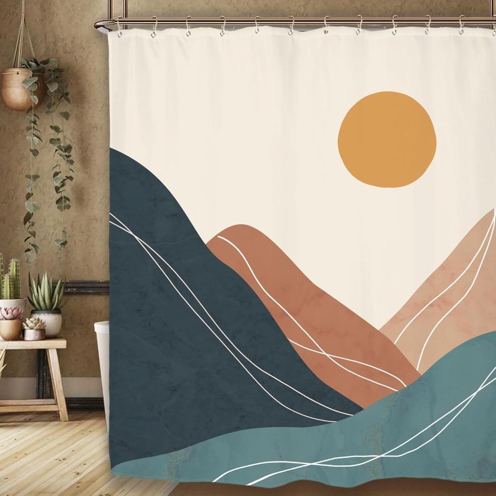 Tonnika Chen Abstract Mountain Shower Curtain Set Boho Mid Century Minimalist Sunrise Sunset Natural Landscape Waterproof Bathroom Curtain