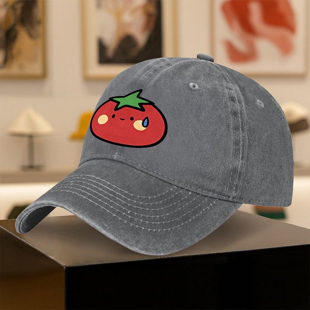 Vintage Washed Baseball Cap with Cute Tomato Sweat Drop Print  Unisex Outdoor Sports Daily Wear