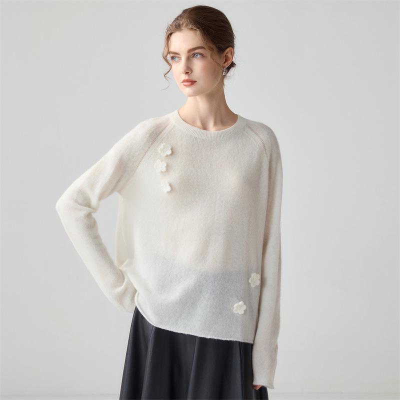 Lekasha 3D Crochet Cashmere Round Neck Long Sleeve Women's Loose Sweater