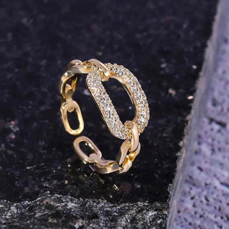 New Korean version simple buckle inlaid zircon ring with adjustable French style commuter style sparkling Zircon for women resizable