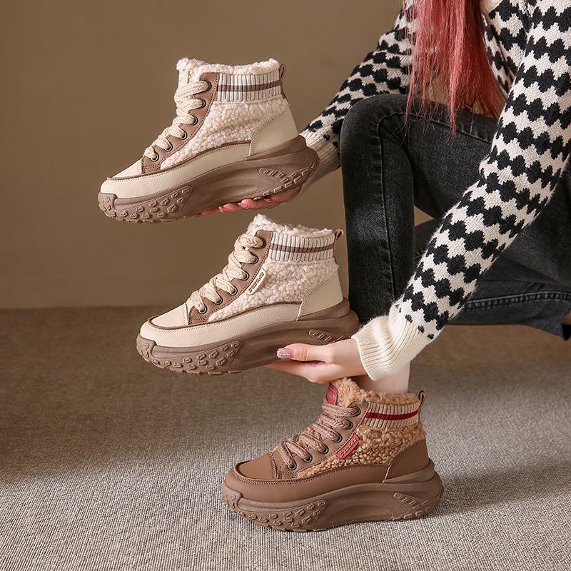 Tênis Quentes de Inverno para Mulheres, Cano Alto, com Forro de Pele Sintética, Bico Redondo, Sola Grossa, Sapatos Casuais Confortáveis