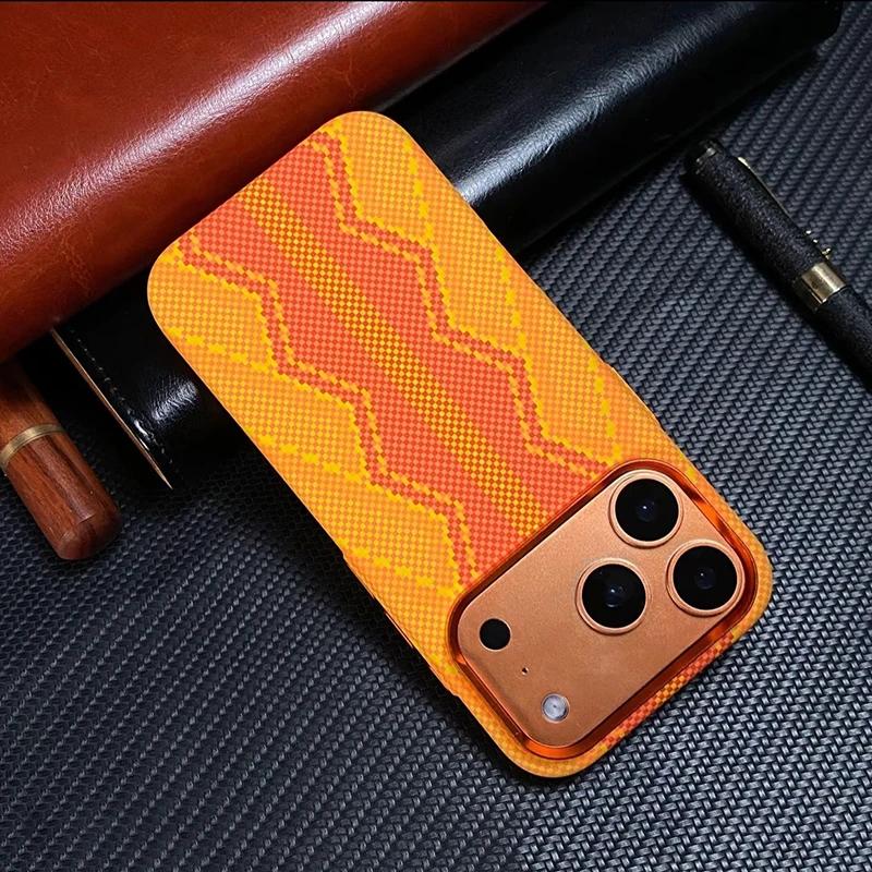 

Carbon Fiber Texture Orange Case for iPhone 17 Pro Max / 17 Pro Magnetic Wireless Charging Alloy Lens Protection PC Cover iPhone17 Pro