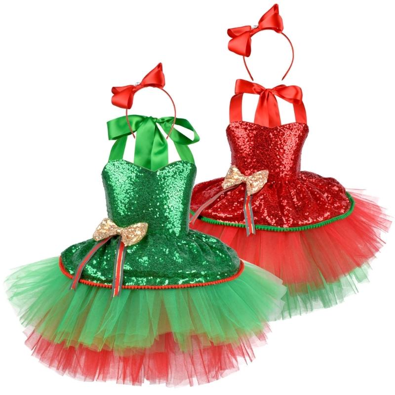 Girl Christmas Dress up Costume with Sequins Dress and Headband Christmas Princess Outfit for Girl Halloween Christmas