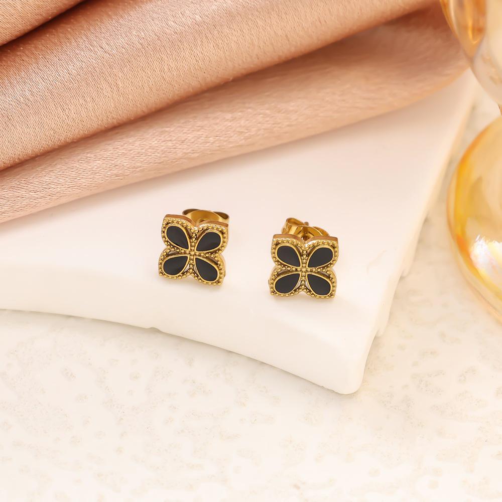Colorful Four-Leaf Clover Titanium Steel Jewelry Set: Bracelet, Necklace & Stud Earrings