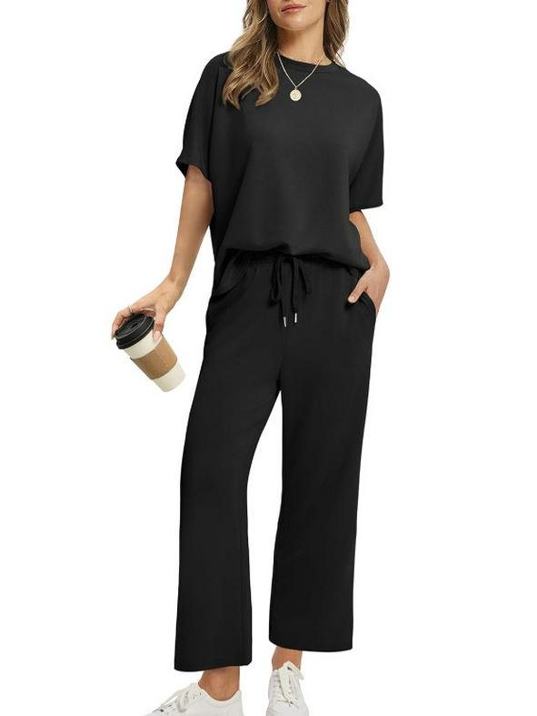 2025 Summer Women's Casual Set: Short-Sleeve Top & Wide-Leg Seven-Point Pants