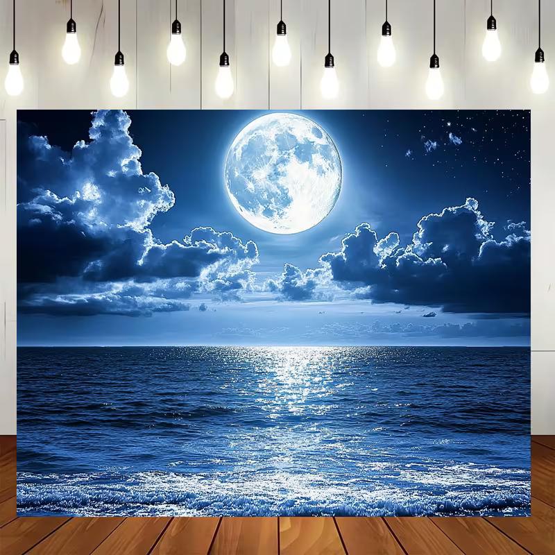 2D Vollmond Meer Wandteppich, Ästhetische Blaue Ozean Wanddekoration