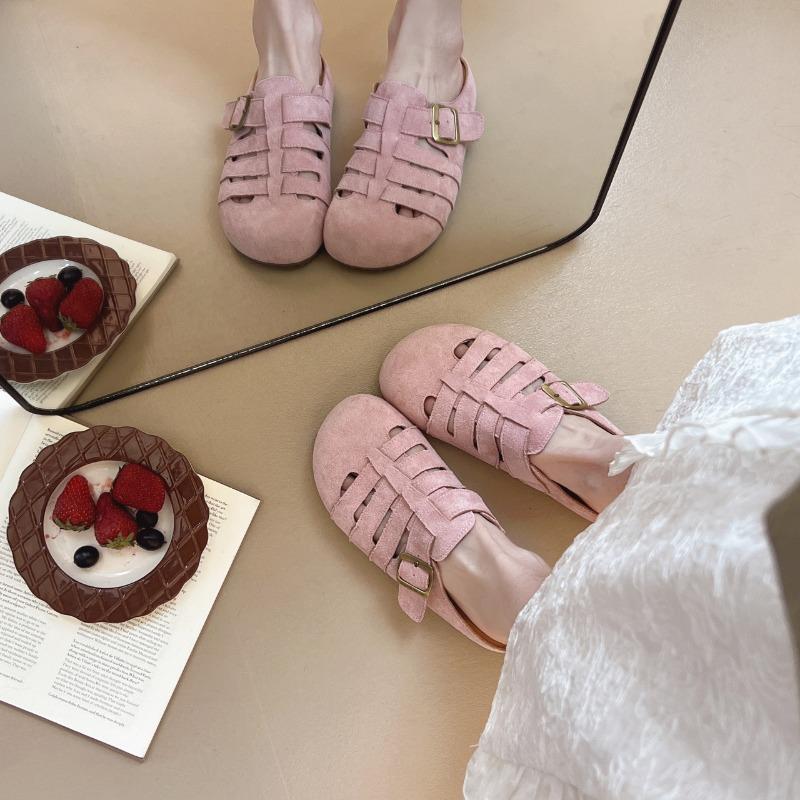 

Baotou half slippers women s summer fish bone pig cage shoes genuine leather cool slippers one pedal lazy shoes 35 розовый