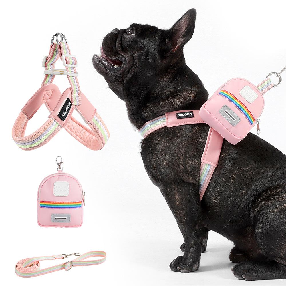 Puppy chest back leash Small and medium-sized dog V-shaped rainbow chest back set Adjustable soft pet dog supplies