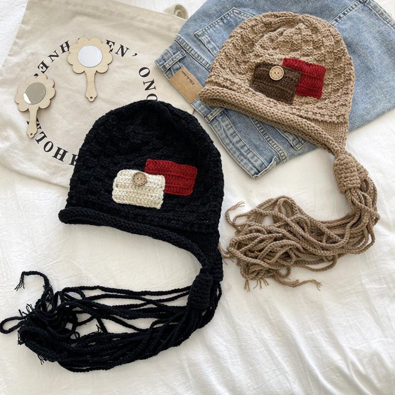 1PC Handmade Red Tassel Soft Knit Fashionable Wool Trendy Hat Handmade Braid Warm