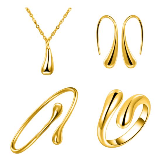 4 Pcs/Set Women Jewelry Set Water Drop Shape Polished Metal Adjustable Open Design Earrings Necklace Bangle Ring Set Lady Daily Jewelry