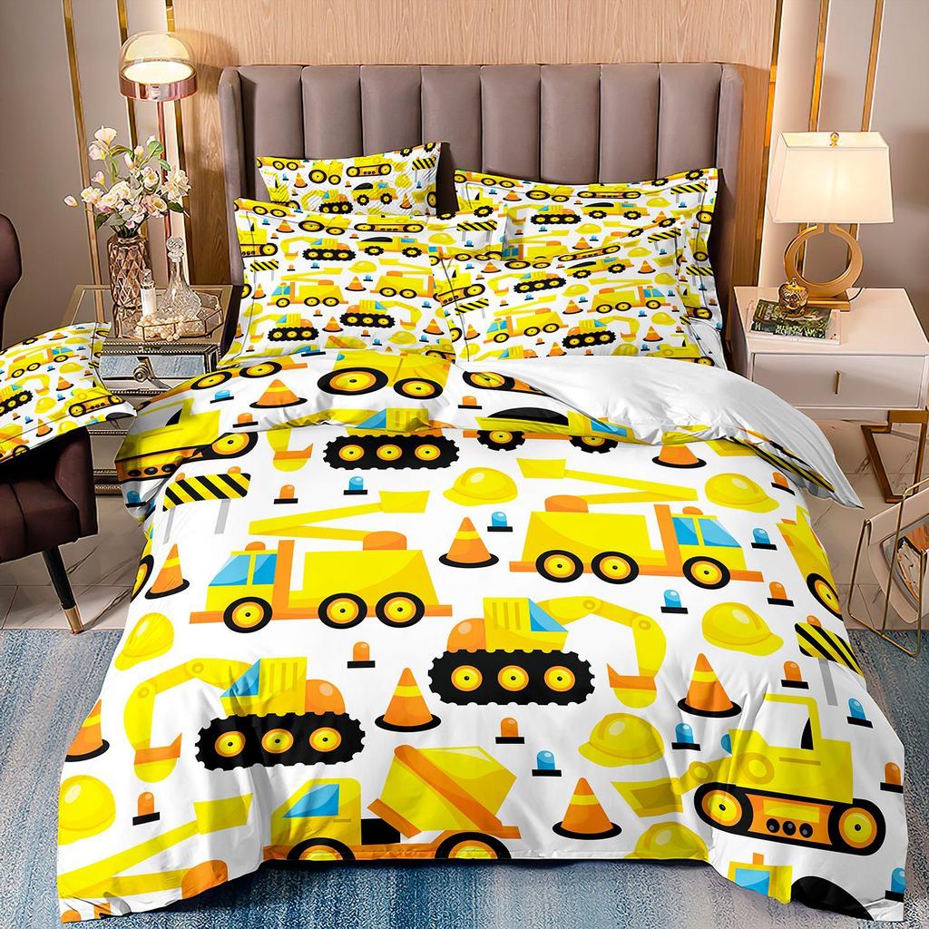 Construction Vehicle Excavator Truck Fire Truck 3D Digital Printing Bed Three-Piece Quilt Kit