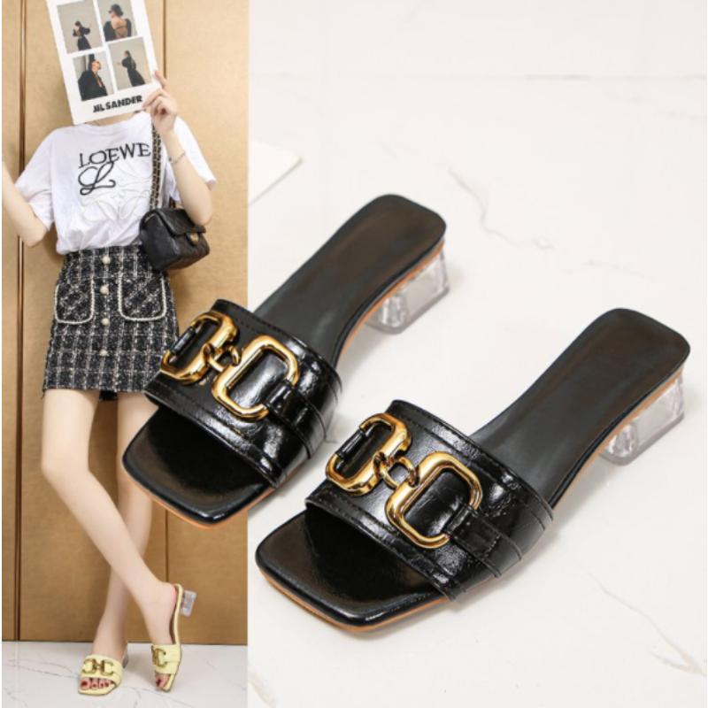 2024 Metal Buckle 3.5cm Transparent Square Heels Slides Women Peep Toe Mules Cool Summer Slippers Sandals Elegant Shoes