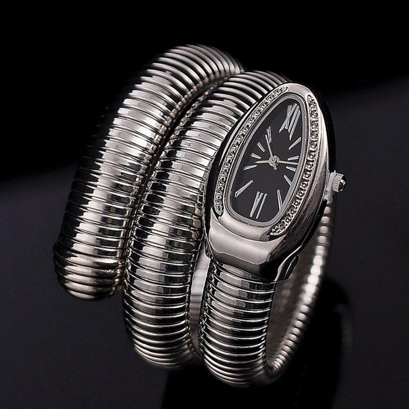 

Women Watch Silver Black Watch Dial Exquisite Fashionable Snake Shape Bangle Watch for Casual Work Office