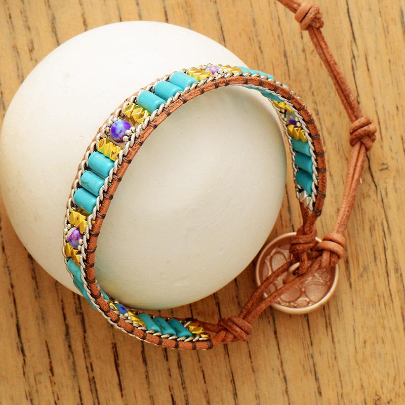 Bohemian Turquoise Bracelet, Handcrafted with Woven Leather Cord, a Cultural and Travel-themed Friendship Accessory.
