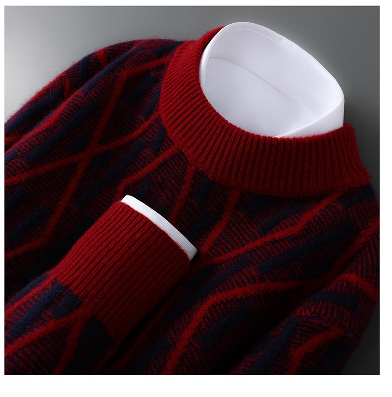 2025 Men’s Autumn/Winter Loose Fit Wool Sweater - Round Neck, Color Block, Plus Size Jacquard Pullover