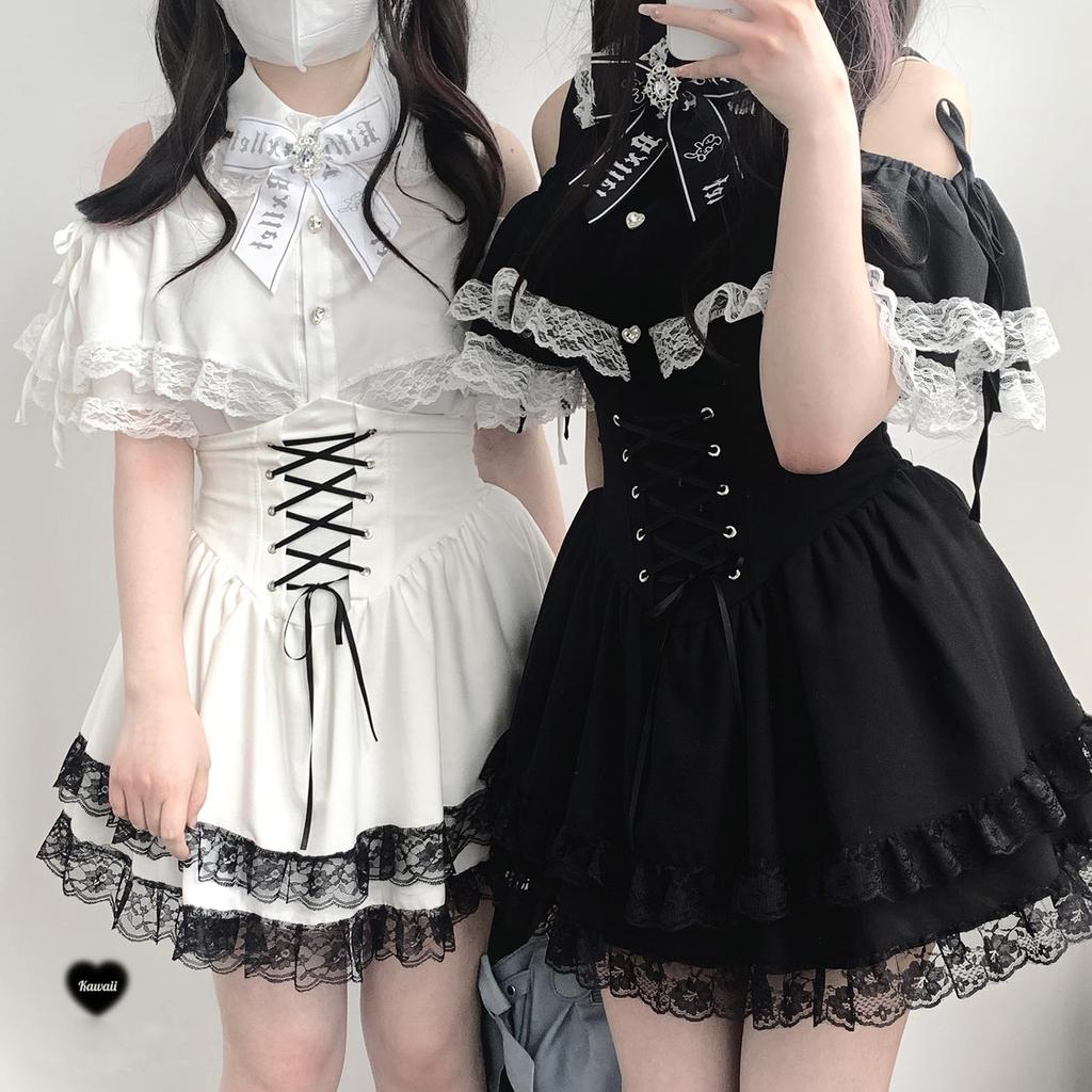 XHSUKADO Short Detachable Ribbon and Brooch and Stylish Perfect for and White Women's Open-Shoulder Blouse, Sleeve, Mass-Produced, Cute, Included,