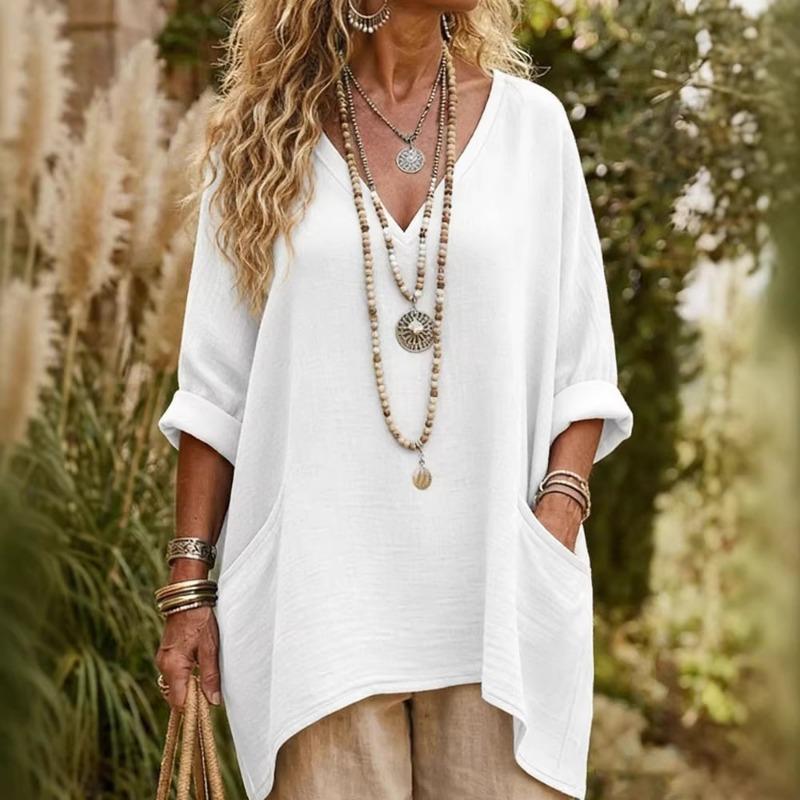 Womens Casual V Neck Roll Sleeve Loose Fit Blouse S белый