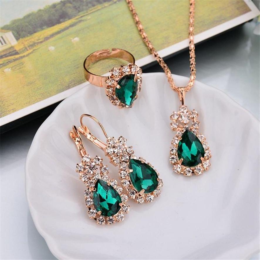 European and American Women Fashion Personality Water Drop Necklace Earrings Ring Set Shiny Bridal Jewelry