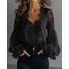 QICED Women's Fashion Casual Solid Color Print Long Sleeve V Neck Blouses & Shirts