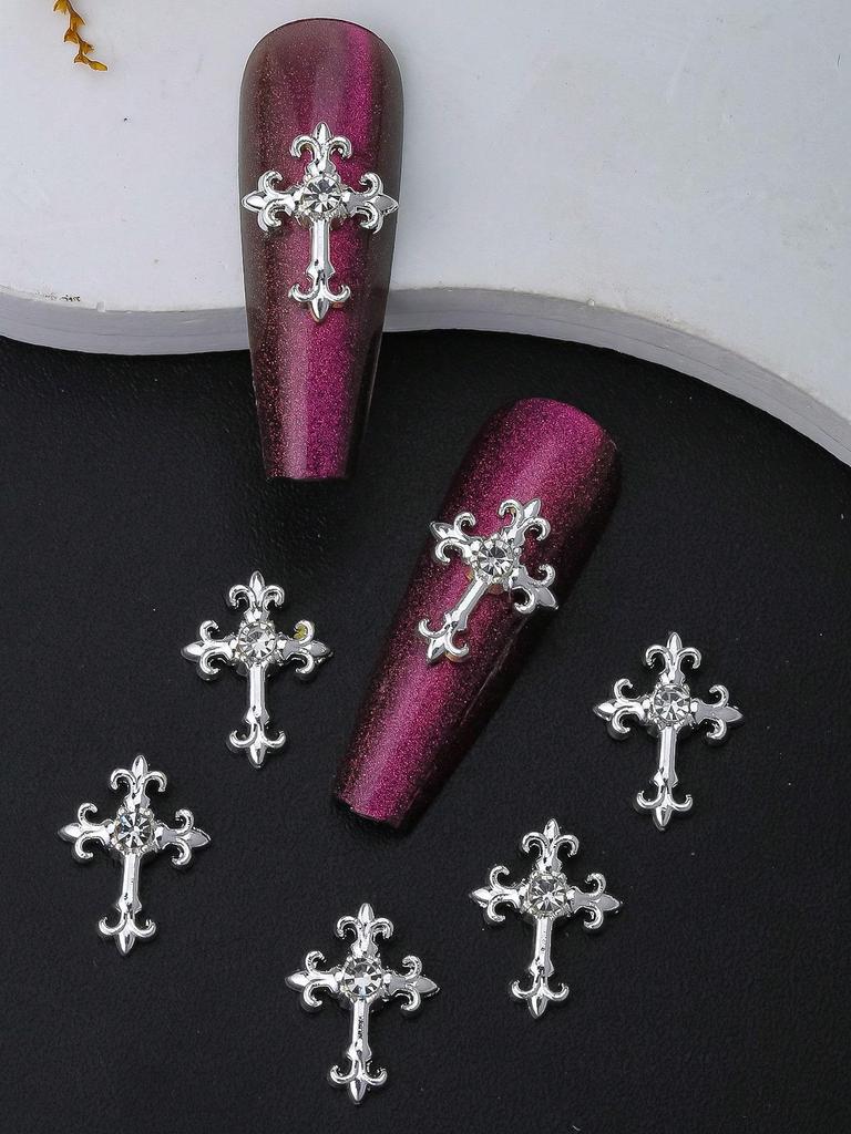 10pcs Gold SilverCross Nail Charms 3D White Pink Rhinestones Nail Art Decorations DIY Nail Gems Nail Supplies
