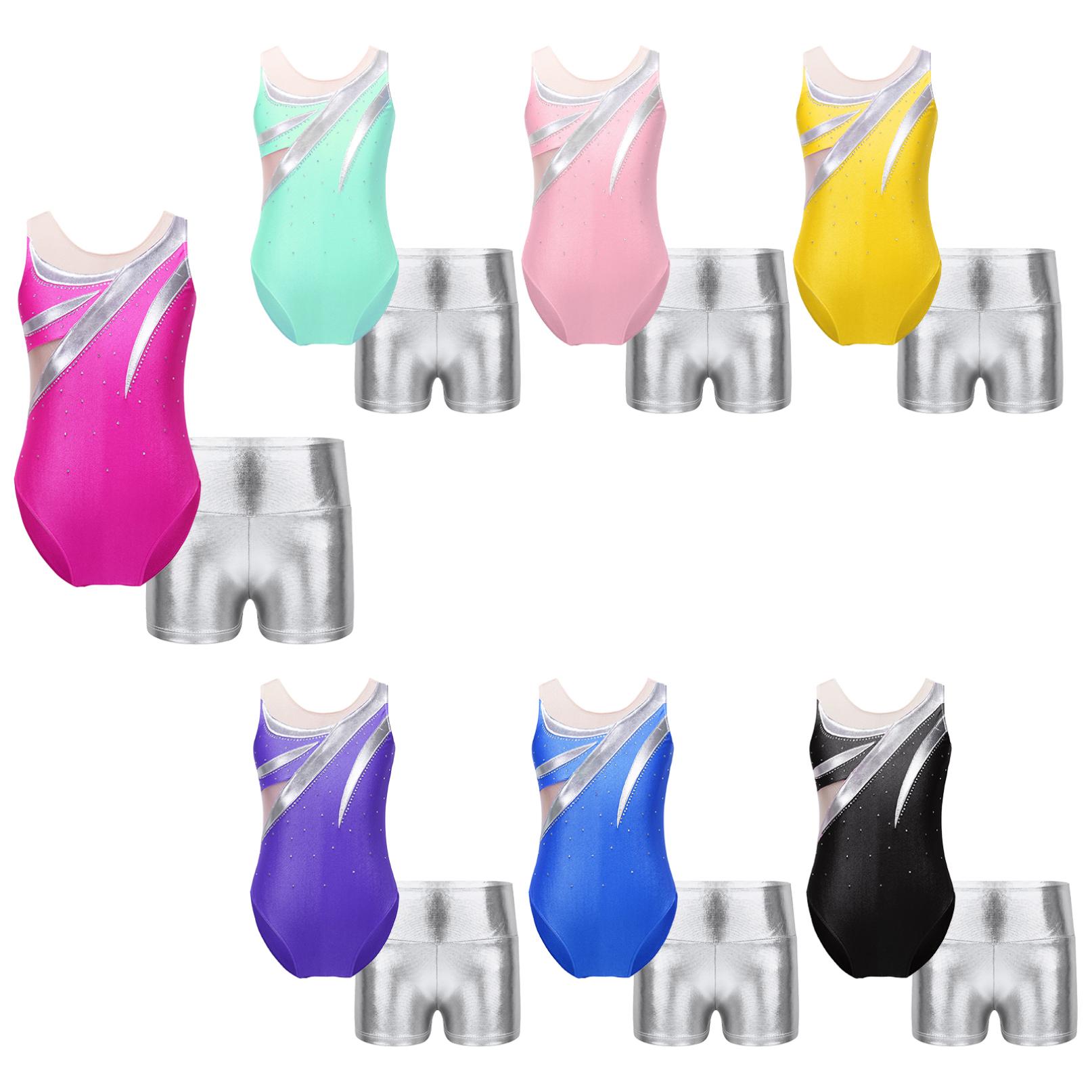 

Дитячий гімнастичний комбінезон без рукавів для дівчаток + шорти зі стразами, блискучий металік, балетне танцювальне вбрання, набір дитячого танцювального одягу зелений