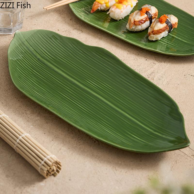 Green Leaf Ceramic Plate Japanese Restaurant Molecular Cuisine Sushi Plate Creative Dim Sum Dessert Plate Kitchen Tableware