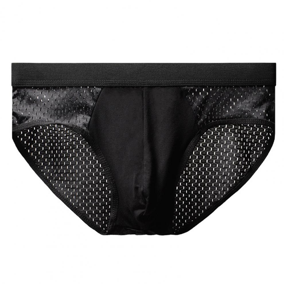 Men Briefs Mid-rise Elastic Waist Mesh Stitching Ice Silk Panties Breathable Solid Color U-Convex Underwear Daily Wear