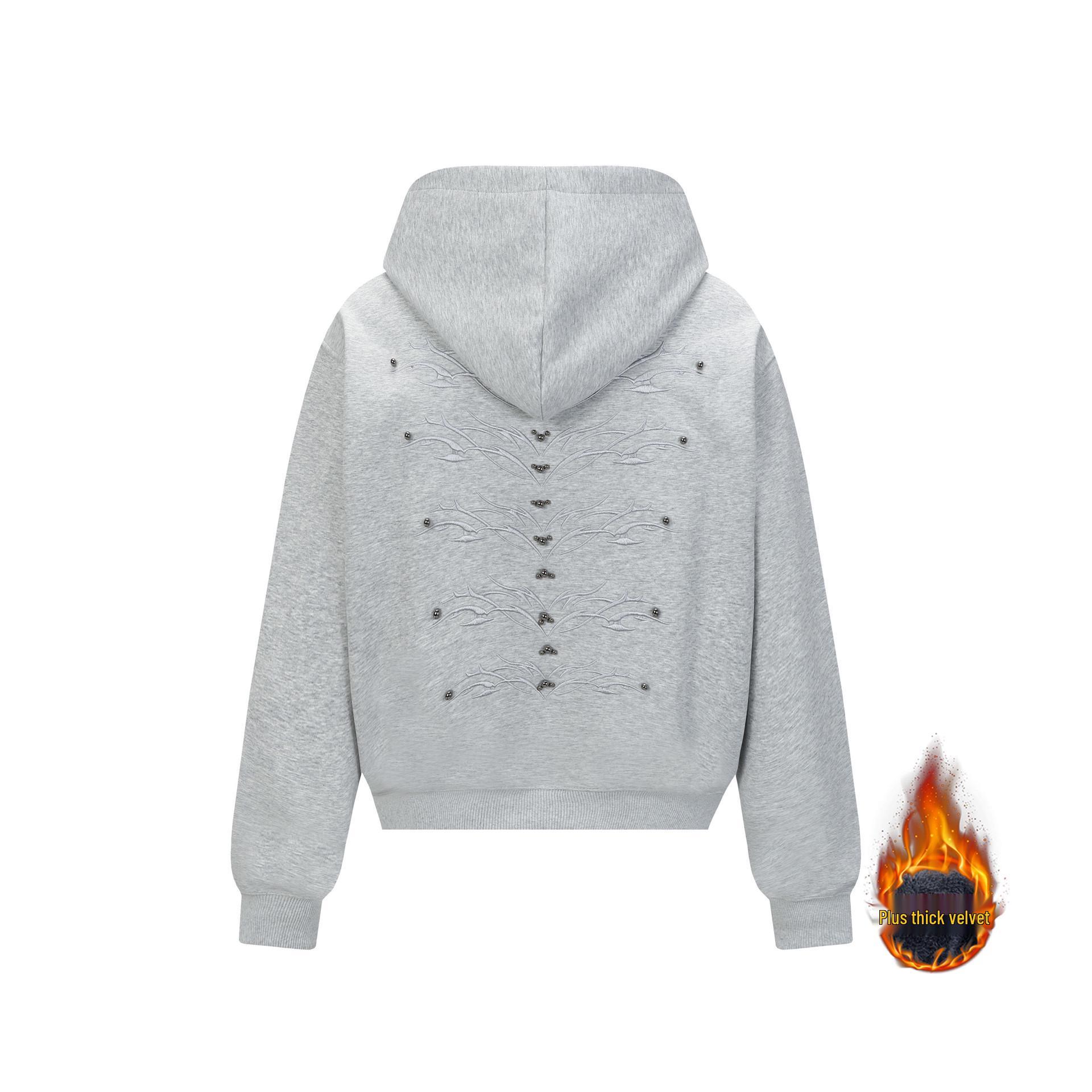 Retro Floral Beaded Embroidery Hooded Sweatshirt with Velvet for Autumn/Winter 2XL