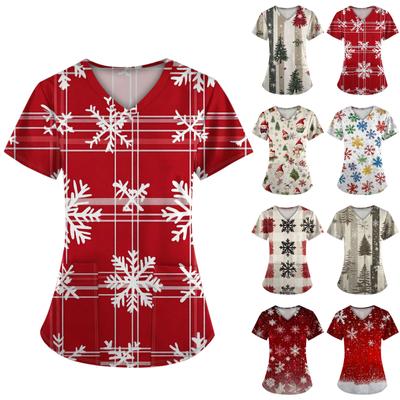 Women's Short Sleeve Christmas Printed V-Neck Pocket Uniform Top
