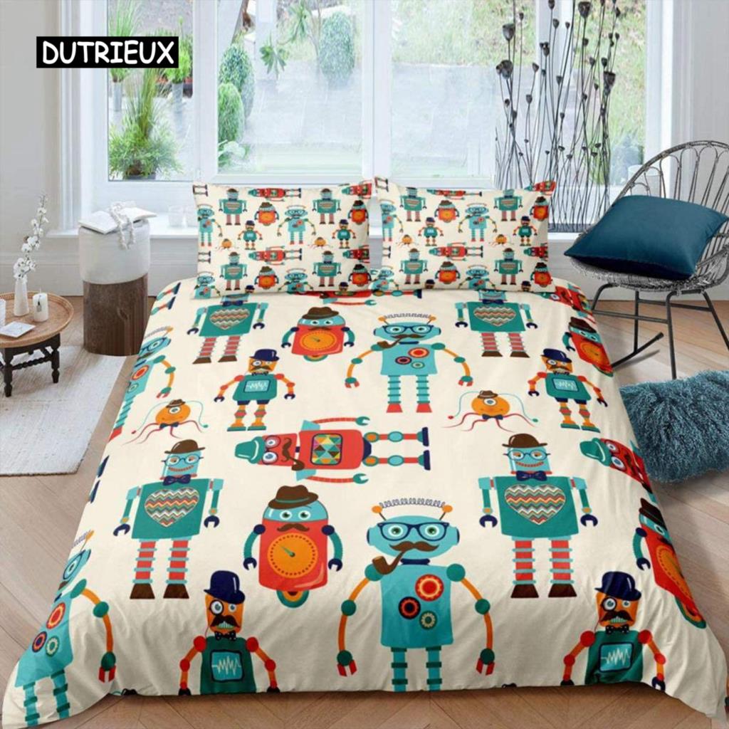 

Robot Bed Cover Package Kids Boys Watercolor Robot Bed Ensemble Modern Cartoon Super Robot Pattern Style King Size Size 2/3pcs Bed Ensemble EU single(135x200cm)