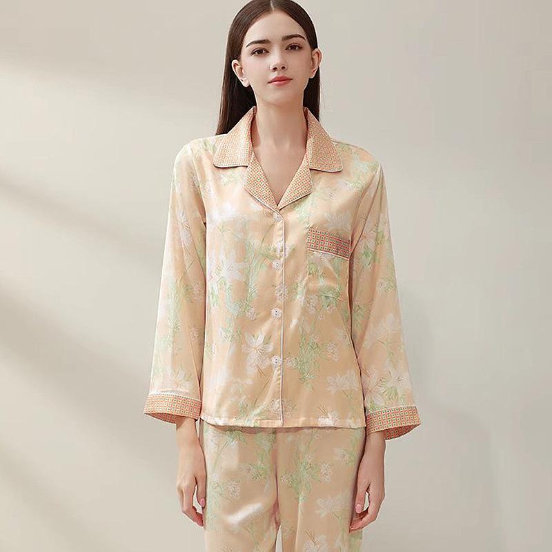 Spring and Autumn French Sweet Girl Sense of Floral Simulation Silk Pajamas Homewear Women Long-Sleeved Long Pants Homewear