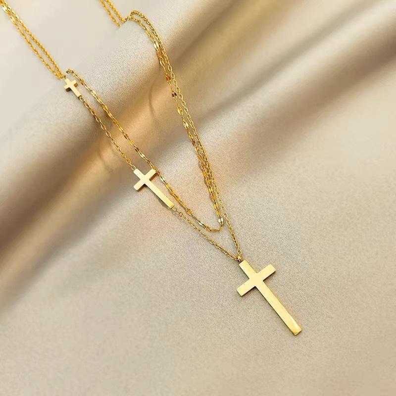 316L Stainless Steel Luxury Cross Pendant Necklaces Choker For Women Double Stacked Wear Fine Necklace For Women Jewelry Gift