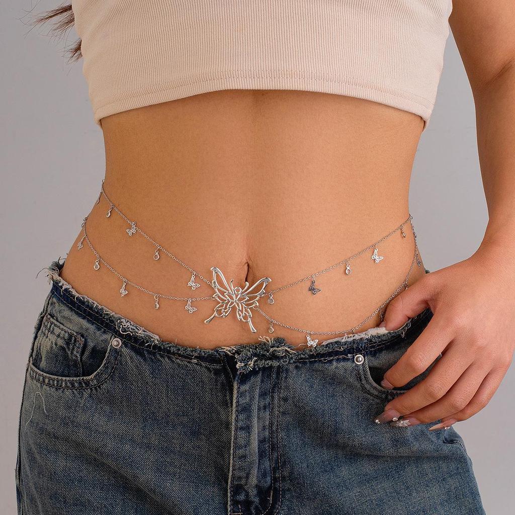 Ingemark Boho Sexy Hollow Butterfly Waist Belly Belt Chain for Women Summer Bikini Crystal Tassel Pendant Link Body Jewelry Gift