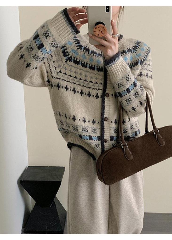Luxury Retro Fair Isle Knit Cardigan – Women's Autumn/Winter Thickened Single-Breasted Sweater Coat