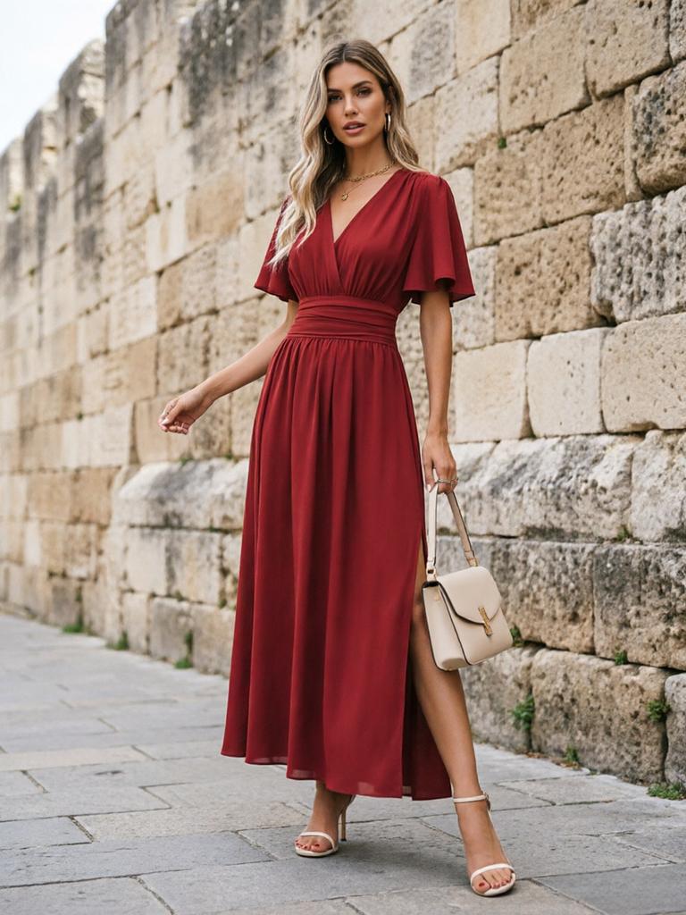 European and American Cross-border Foreign Trade New Women's Clothing Solid Color Dark V-neck, Waist Long Skirt, Split Skirt Dress Women