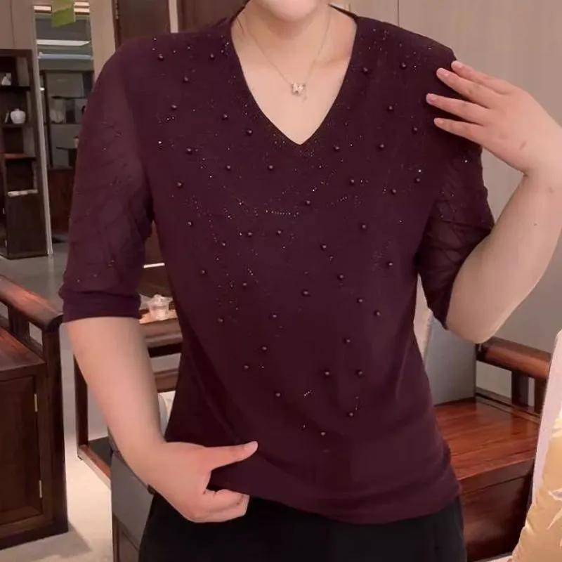 Damen Herbst Altersreduzierendes Basic-Shirt Bügeln Langarm V-Ausschnitt T-Shirt