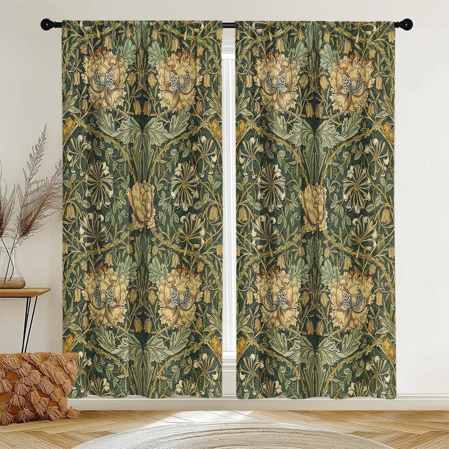Set Of 2 Flat Curtains Polyester Material Green Field Printing Art Design Bedroom Home Decoration Curtain Perfect For Master