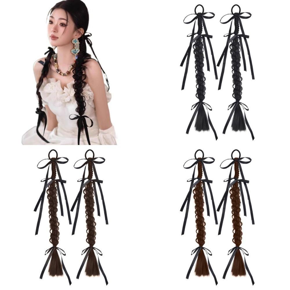 1Pair Fried Dough Ribbon Bow Double Ponytail Handmade Long Braiding Hair Extensions  Women/Girls