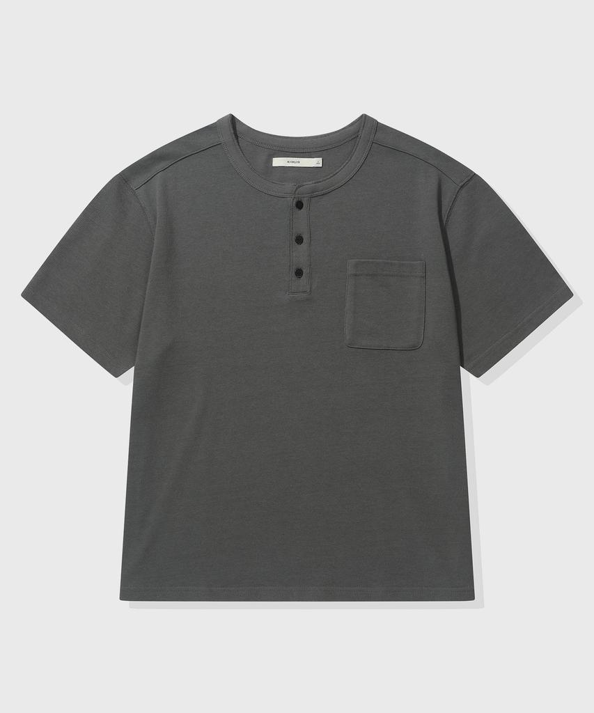 KIIMUIR [Crop] Heavy Cotton Roll-Up Henley Neck Short Sleeve T-Shirt_Charcoal