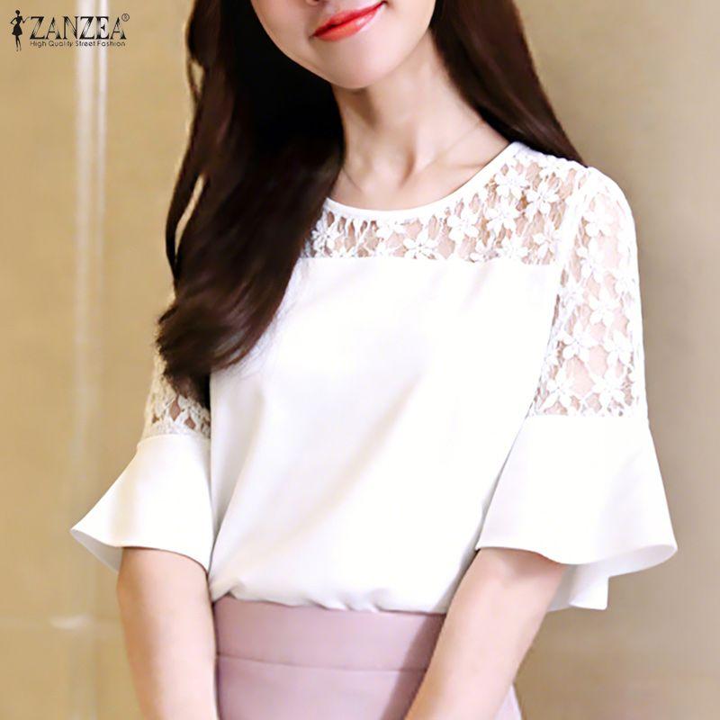 ZANZEA Women Lace Splice Half Sleeve Loose Casual Blouse