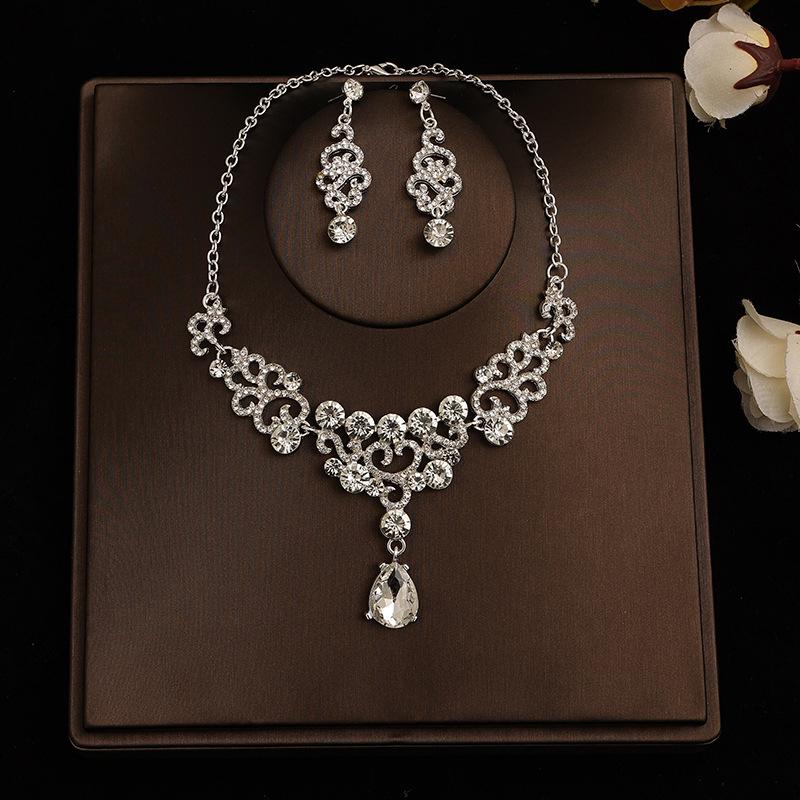 Korean Bridal Necklace & Earrings Set - Rhinestone & Pearl Wedding Accessories