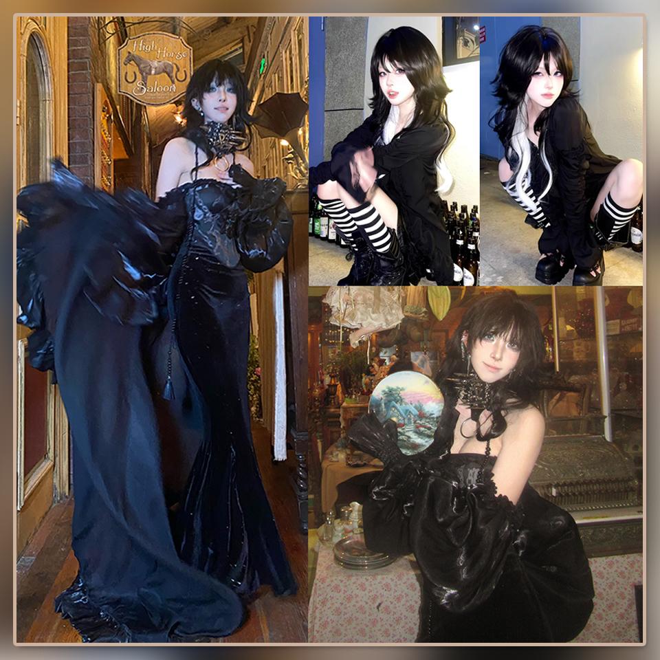 WTB Color Matching Long Curly Hair Synthetic Wig Female Gothic Style Lolita Black And White Long Curly Hair Christmas Party Wig