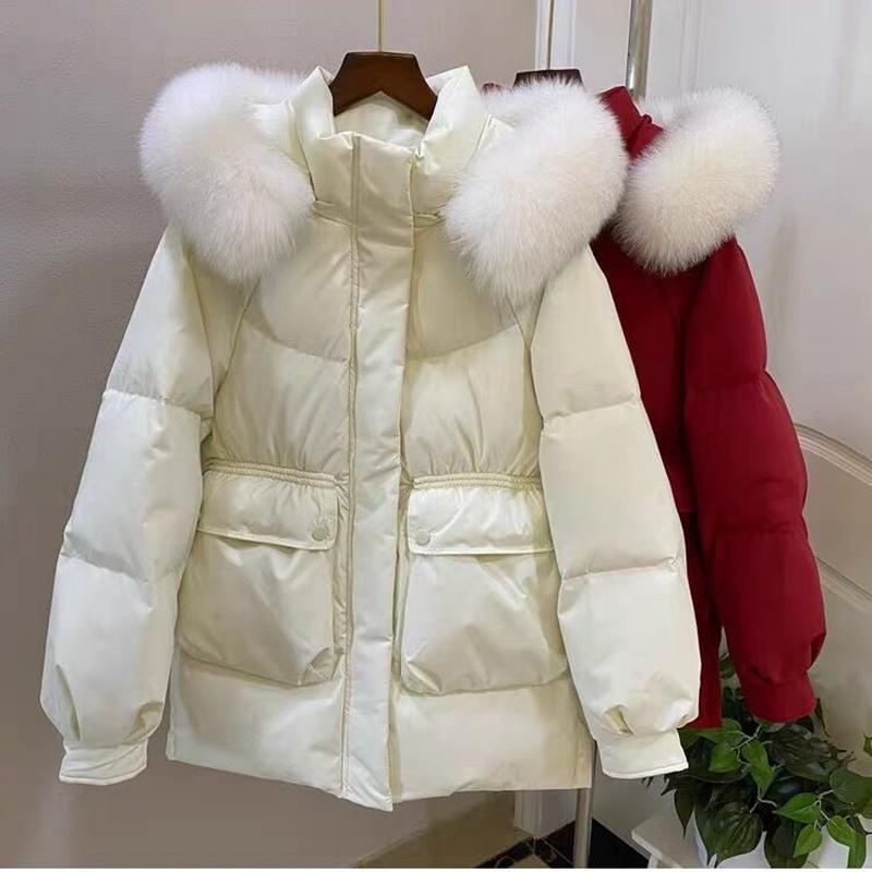Jachetă de puf de rață albă cu glugă, iarnă, toamnă, guler de blană.