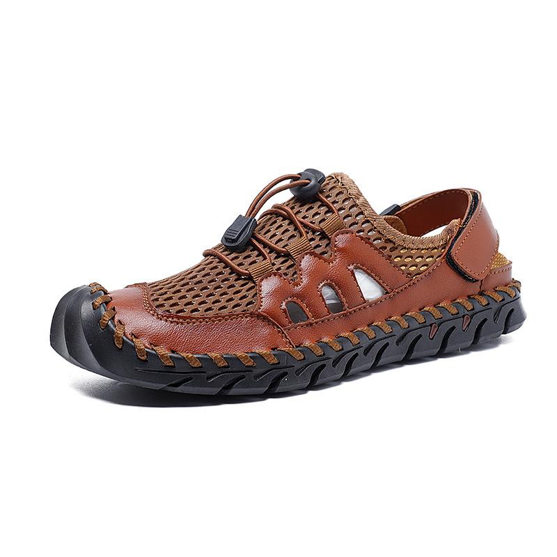 Summer new hand-sewn large-size casual cool leather shoes men's outdoor mesh hollow beach shoes