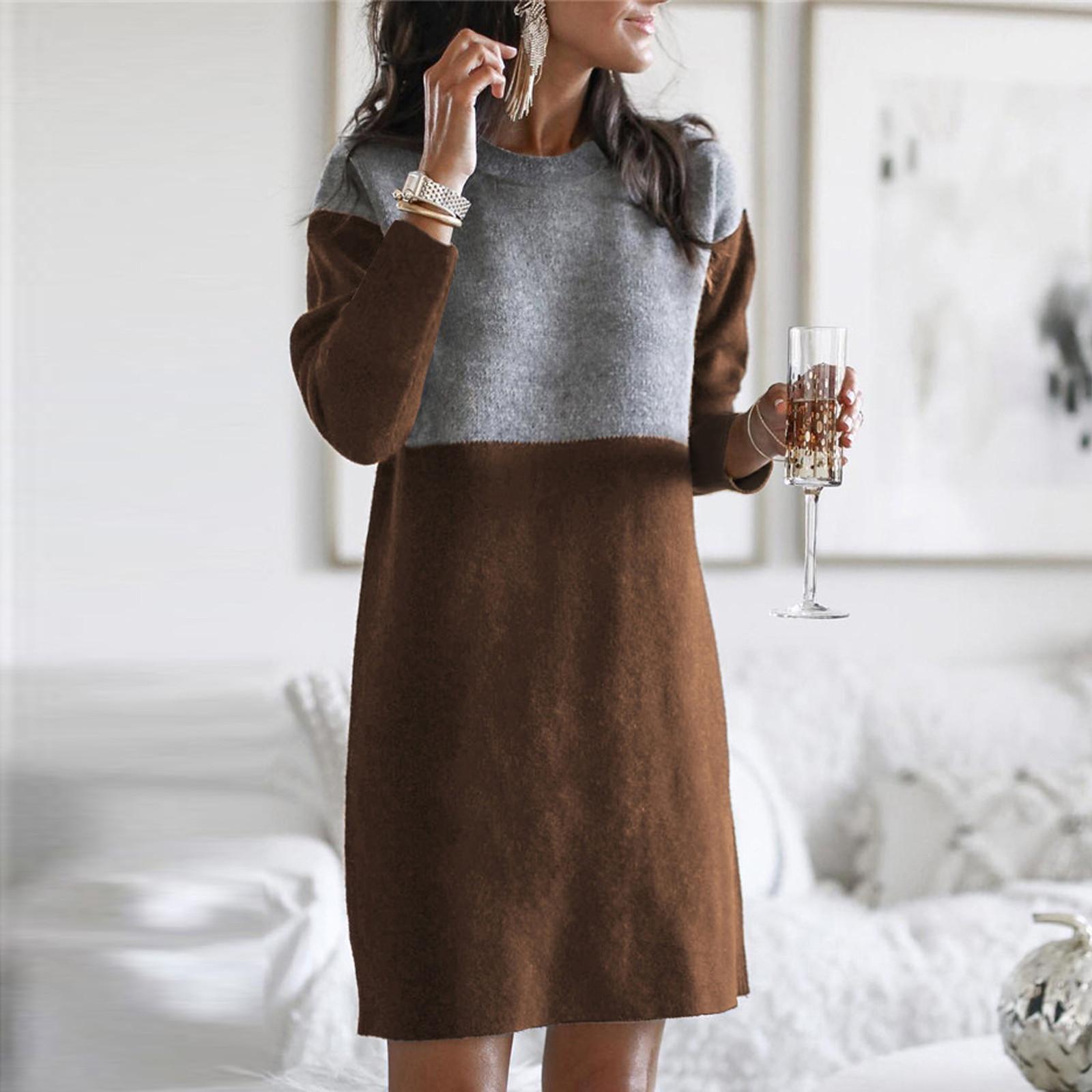 

Fashion Women Winter Loose Stitching Color Pullover Sweater Dress XL кофейный