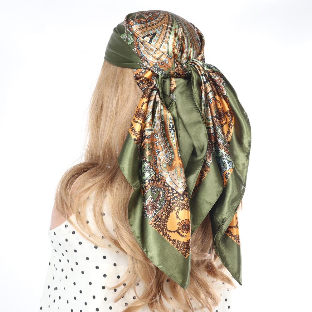 Nieuwe 90*90cm Retro Dames Zijden Sjaal Bandana Mode Boheemse Patroon Vierkante Hijab Dames Wikkel Hoofdband Foulard Sjaal beige