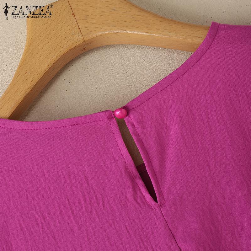 ZANZEA Lässige Bluse mit Rundhalsausschnitt, einfarbig, für den Sommer, kurzärmelig