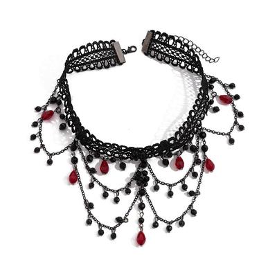 Halloween Black Gothic Lace Choker Vintage Neo-Gothic Crystal Beads Necklace Tassel Punk Clavicle Chain Masquerade Club Jewelry