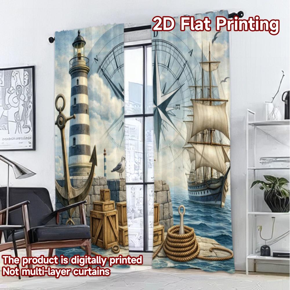 2D FLAT PRINTING 2pcs Curtains (Without Rod) Nautical Lighthouse Scene Popular Creative Curtains Versatile Polyester Curtains