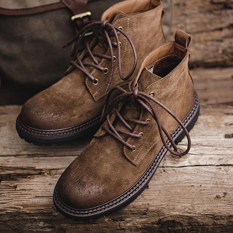Maden Men'S Vintage Split Suede Boots Brown High-Top Work Boots Lace-Up Desert Ankle Rugged Sole Boots Outdoor Winter Fall Shoes